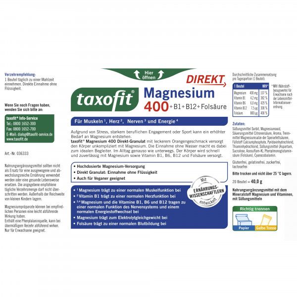 bodyguardapotheke TAXOFIT Magnesium 400+B1+B6+B12+Folsäure 800 Gran Bis zu 60% Rabatt