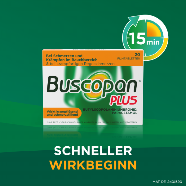 bodyguardapotheke BUSCOPAN plus Filmtabletten mit Paracetamol bei stärkeren Schmerzen und Krämpfen im Bauchbereich Super Sparpreis