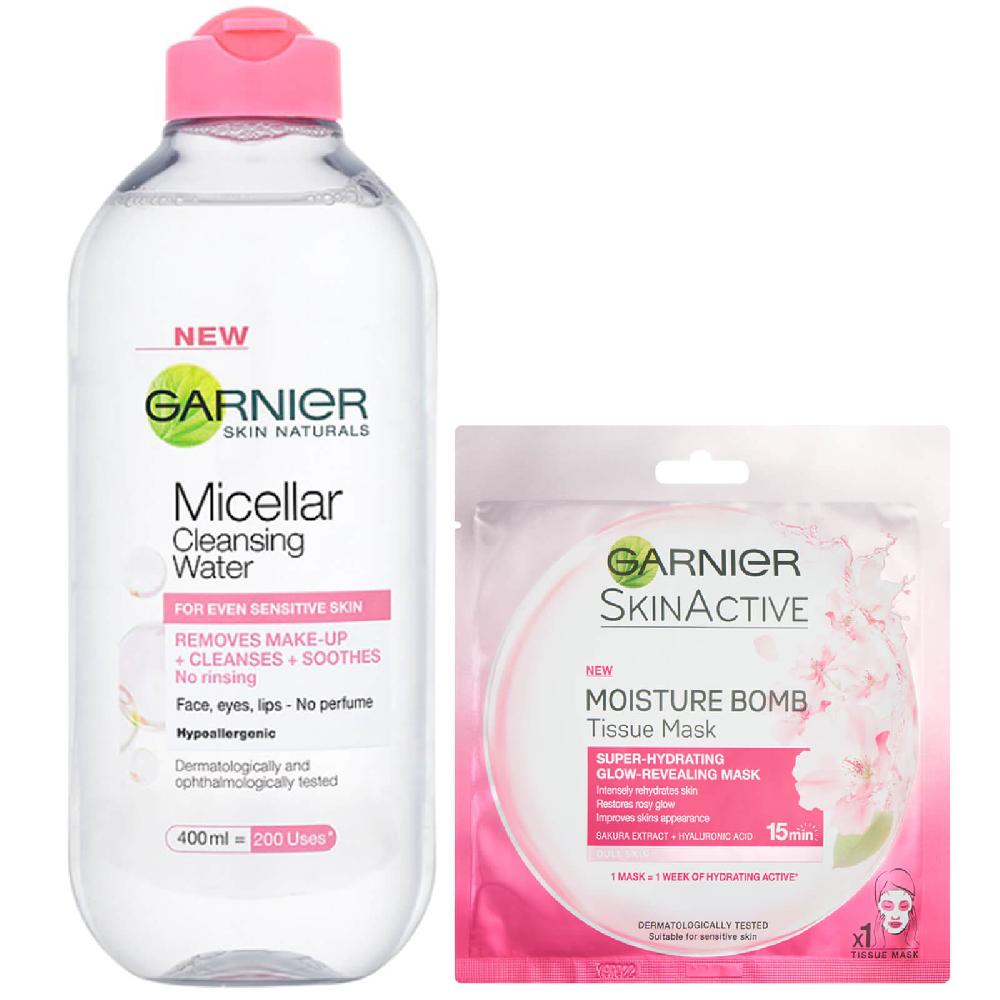 lookfantastic Garnier Micellar Water Sensitive Skin and Hydrating Moisture Bomb Face Sheet Mask Kit Exclusive Online